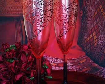 Red and black Wedding Glasses Champagne Flutes Set of 2 Lace Heart design