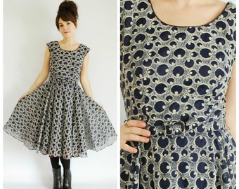 1950's Dress - 1950's Blue Flared Dress - Polka Dot Flocked Dress - Size M