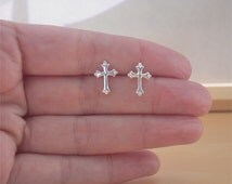 9ct Yellow Gold On Silver Simulated Diamond Cross Stud Earrings - UK Made