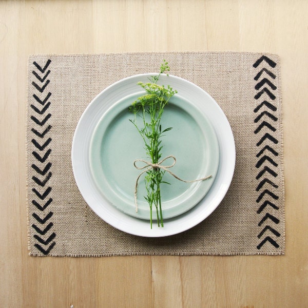 Burlap Placemats with HandPrinted Chevron Detail in Black.