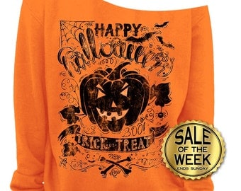 VINTAGE HALLOWEEN SHIRT - Ladies Off The Shoulder Sweatshirt - Halloween Outfit - Trick or Treat - Slouchy Sweatshirt in Orange - s - 3x