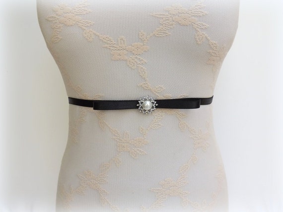 Black Elastic Waist Belt. Skinny Bow Belt decorated with