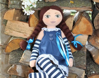 Made to order Rag doll OOAK Fabric doll Stuffed doll Interior doll Blue dress Gifts for girls Kids friendly Doll for girl Striped socks