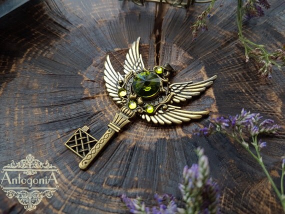 Fantasy Key Necklace Charms,Fantasy jewelry,Winged jewelry,Metal pendant,Skeleton key steampunk,Fantasy pendant,Winged pendant,Green rivoli by AntogoniA steampunk buy now online