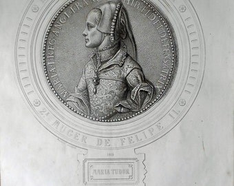 1879 QUEEN OF ENGLAND. Mary I of England. Authentic Lithograph of nineteenth century