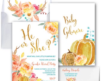 Fall Gender Reveal Invitation // Pumpkin Gender Reveal Invitation // He or She invitation // Gold // Watercolor // CAPE BRETON COLLECTION