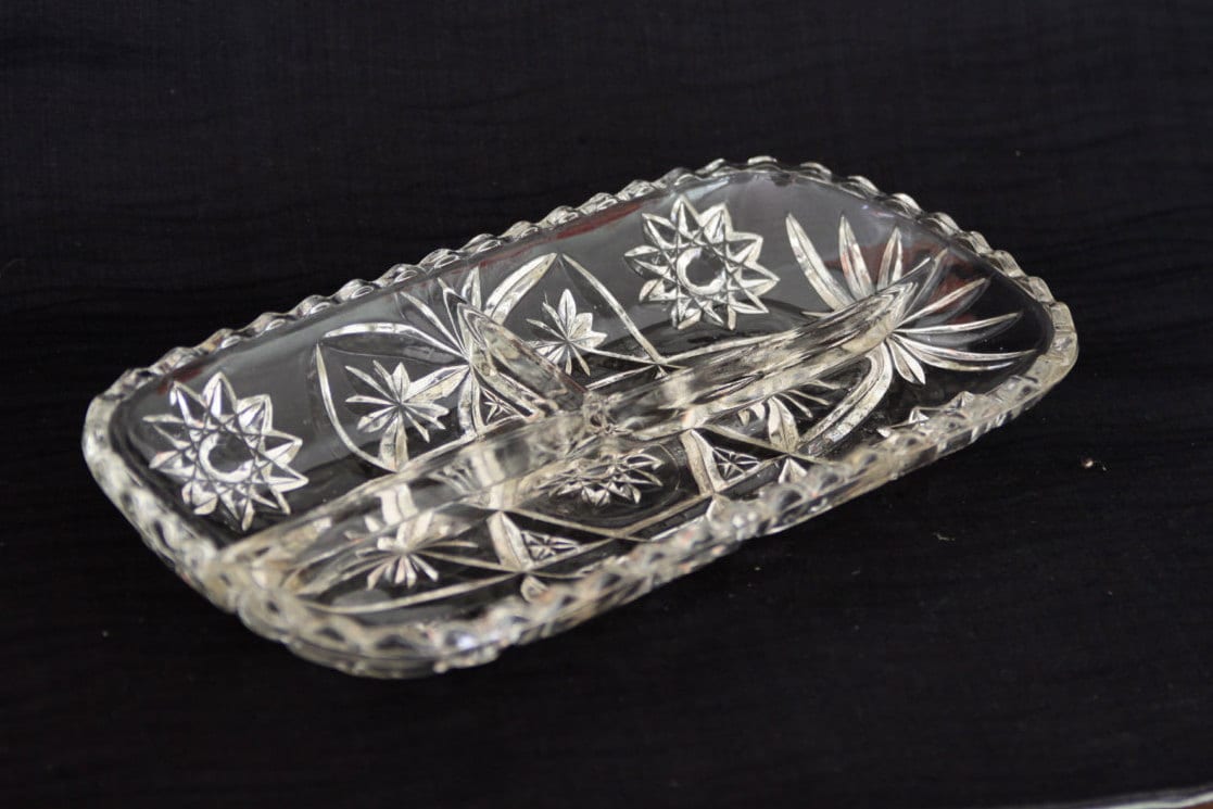 Vintage crystal glass serving platter with three compartments