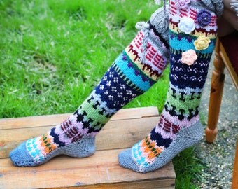 Thigh High Wool Socks, Hand knitted socks, Colourful handmade socks, Over the knee socks, Unique womens socks, Hippie socks