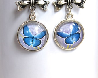 Butterflies and Bows Blue Butterfly Earrings Silver Finish Pierced Ear Dangle Earrings with Bow Charm