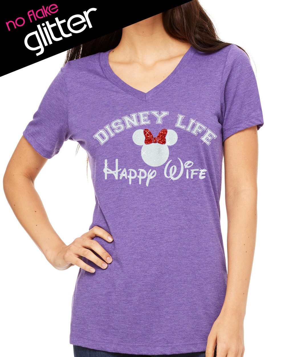 GLITTER Disney Life Happy WIfe V Neck Tee Shirt / minnie bow