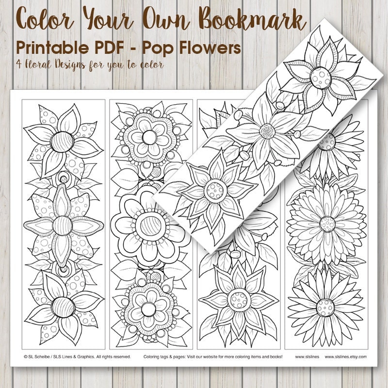 Download Printable PDF Bookmark Coloring with retro pop flower design