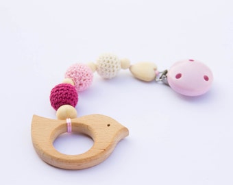 Wooden stroller toy - wooden teether - car seat toy - baby gift - natural baby toy - clip toy - stroller toy - wooden toy pendant