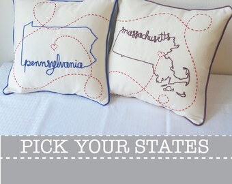 Connecting States Massachusetts Pennsylvania with Hearts Embroidered Custom Decorative Housewarming Throw Pillow Cover Set
