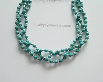 Turquoise Necklace, Statement Necklace, Blue Wedding Jewelry, Turquoise Bridesmaid, Turquoise Multi Strand, Chunky Turquoise and Silver