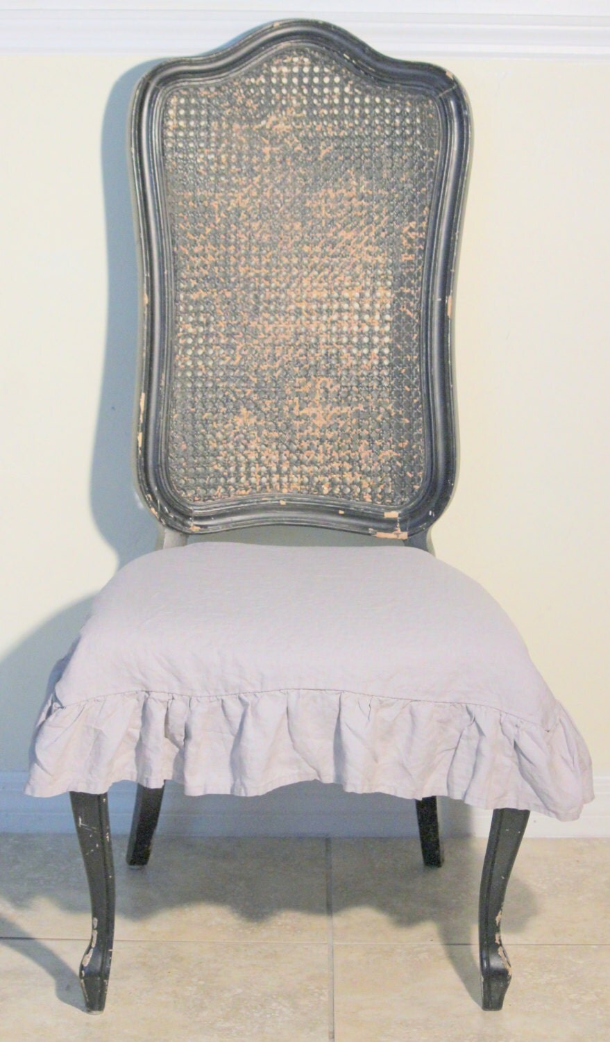 Stone Washed Linen Chair Seat Cover with Ruffle in light Gray