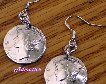 80th Birthday Gift SILVER Mercury Dime Earrings Rare Coin Jewelry 1937 or Select Year! 1935 1936 1939 1941 1942 1943 1945 Gifts for Women