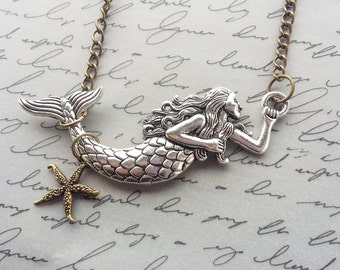 Mermaid Necklace, Silver Necklace, Mermaid Gift, Mermaid Jewelry, Beach Necklace, Beach Jewelry Gift, Beach Gift, Bronze Chain