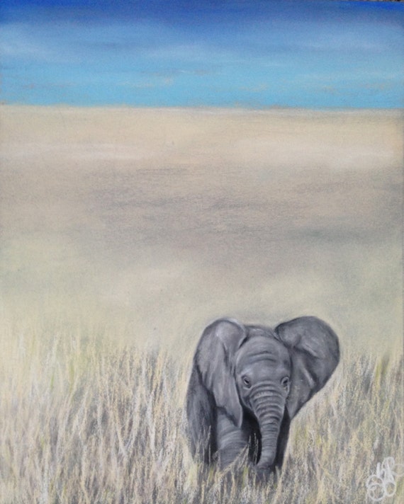 Baby Elephant Original Soft Pastel Drawing on by KRamirezART