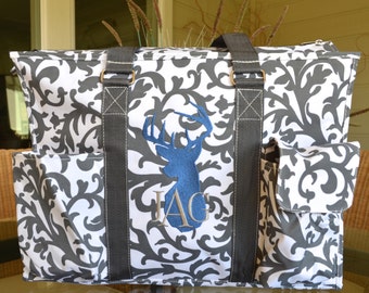 19" Gray Damask Utility Tote, Baby Diaper Bag