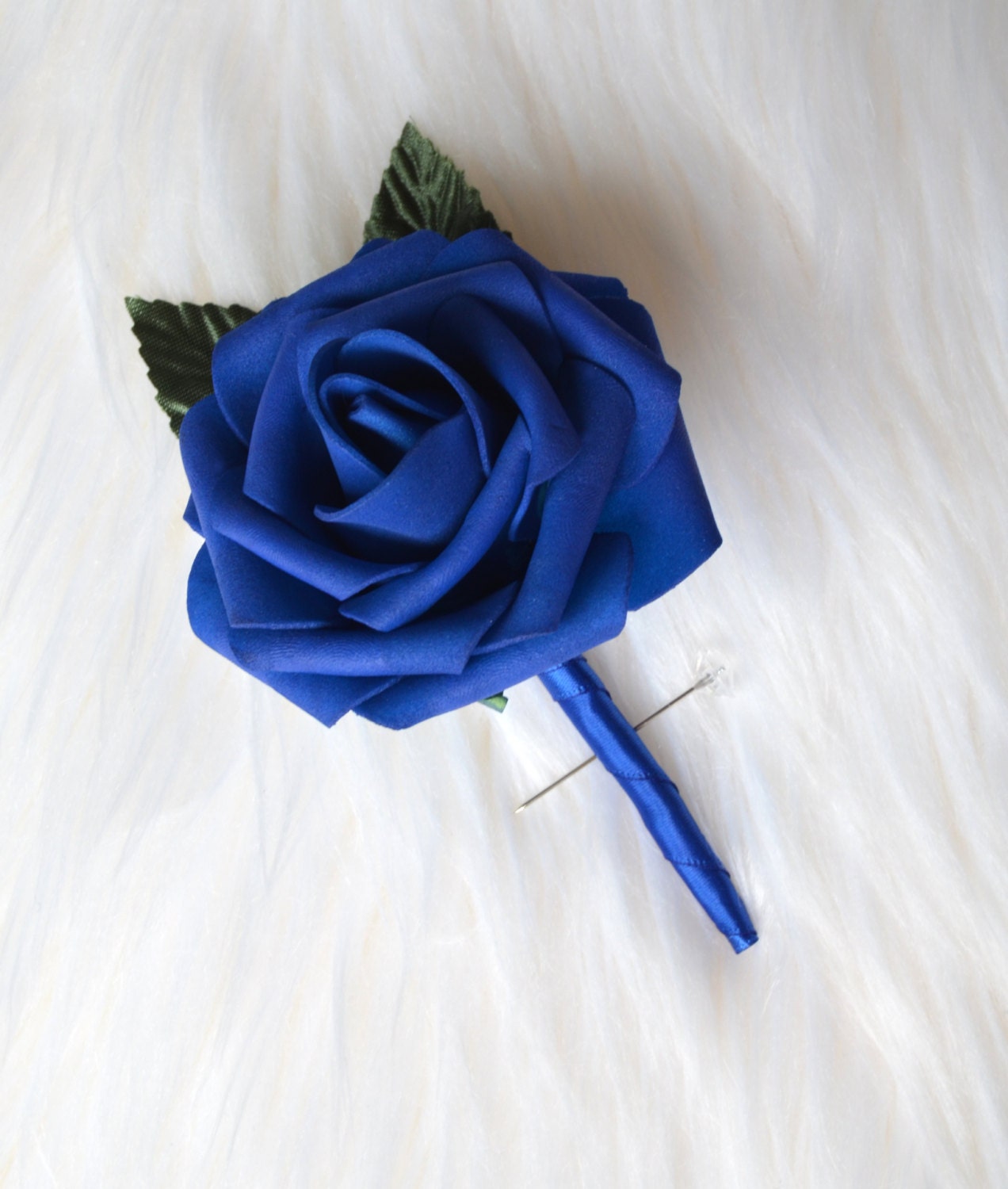 Navy Blue Wedding Single Rose & Ribbon Boutonniere with