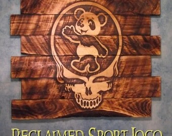 Grateful Dead Steal Your Face, Dancing Panda, FREE UV protector, 30X23, Burnt wall hanging, Shou Sugi Ban, Charred wood, Wood Sports sign