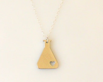 Science Erlenmeyer Flask Chemistry Necklace, Chemistry Necklace, Nerd Necklace, Love Science Jewelry, Biology Necklace in Gold or Silver