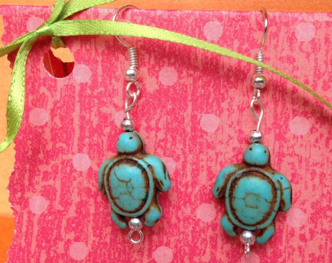Turtle earrings- childrens clip on earrings-turtle jewelry-beach jewelry-gifts for girls-blue stone turtles-sterling silver-storybookearring
