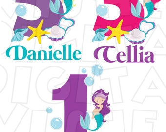 CHOOSE your color Mermaid Birthday Digital Iron on transfer clip art image INSTANT DOWNLOAD