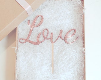Love Cake topper, Wooden Cake Topper, Glitter Cake Topper, Rustic Cake Topper, Wedding Cake Topper, Birthday Cake, Various Colours.
