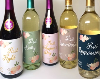 5 Marriage Milestone Wine Labels / Wedding Wine Firsts / Marriage Firsts Wedding Labels / Married Firsts Milestones / Wedding Milestone Gift