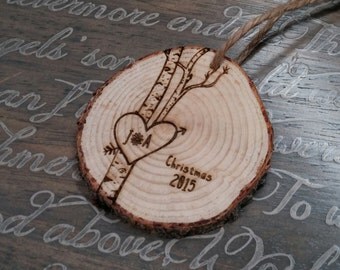 Love Birch Tree Ornament, Personalized Love Ornaments, Christmas Ornament, Tree Trunk Ornament, Tree with Heart, Couples Gift