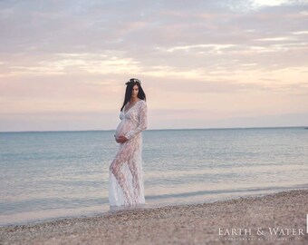 Maternity Dress - Victoria - White Snow - XS to XXL (Petite to Plus) - Lace - Full Sleeve - Full Length