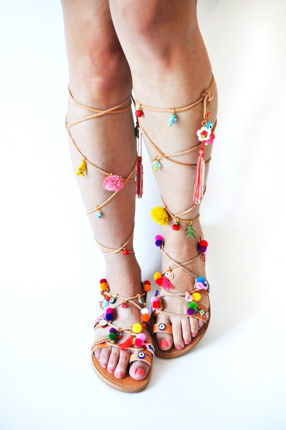 tie up sandals with pom poms