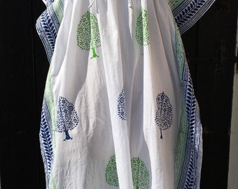 Beach Cover Up Long Cotton Kaftan | Indian Handmade Block printed Resort Caftan White Green Blue | Cruise Lounge wear | Summer Dress