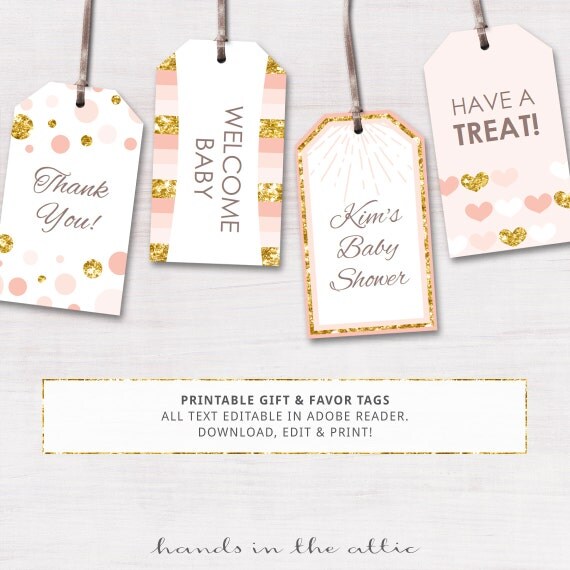 Pink and gold gift tags editable party favor by HandsInTheAttic