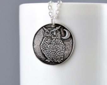 Owl Necklace Sterling Silver Wise Old Owl Pendant Silver Bird Jewelry Crecent Moon Charm Silver Owl Charm Necklace