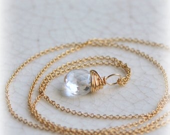 Clear Quartz Necklace, April Birthstone Jewelry, Rock Crystal Necklace, Simple Quartz Necklace in Gold, Gift Pendant, Handmade by Blissaria