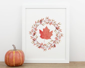Fall Print, Autumn Leaves, 8x10 Printable Art, Instant Download, Leaf Autumn Decor, Seasonal Decorations, Wreath Digital Poster