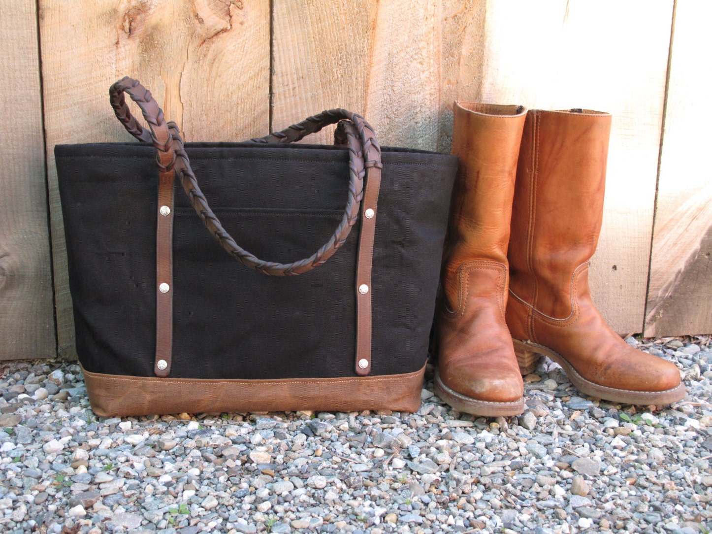 Handmade Waxed Canvas Tote Bag with Recycled Horse Tack