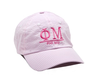 PM Phi Mu Sorority Monogrammed Seersucker Line Baseball Hat.