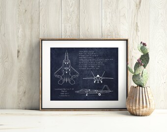 F-22 Raptor blueprint art print, aviation decor, airplane art, airplane decor, aircraft art, nursery art, gifts for him, father's day gift