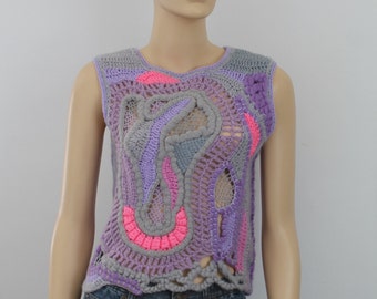Crochet sweater, Boho Chic Hippie Chunky Cropped Freeform Crochet Vest - Textured Sweater - Wearable Art - OOAK - size M - ready to ship
