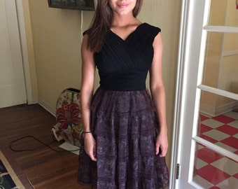 1950s Ruffle Dress Black Brown Lace Dress / Carol Craig Adorable Dress / Petite XS Dress