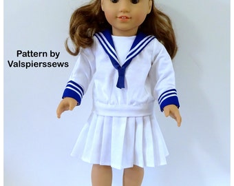 1841 Valspierssews 18" doll clothes Pattern, Vintage Sailor Suit, Deep V, Pleated Skirt, Fits popular 18" Dolls, PDF Download