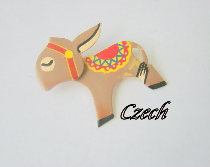 Vintage Czechoslovakia Figural Enamel Donkey Brooch / Moveable Head / Red / Yellow / Tan / Jewelry / Jewellery