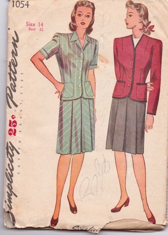 Simplicity 1054 Sewing Pattern 40s Misses and Women's Two Piece Suit Size 14