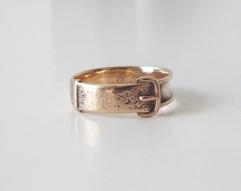 Antique engraved Victorian gold buckle mourning ring