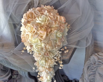 Wedding Flower Bouquet-Brides Wedding Flowers-Cascading-Bridal Flowers-Blush-Ivory-Peach-Bouquet-Vintage Style Wedding-Boho-Wedding Cascade