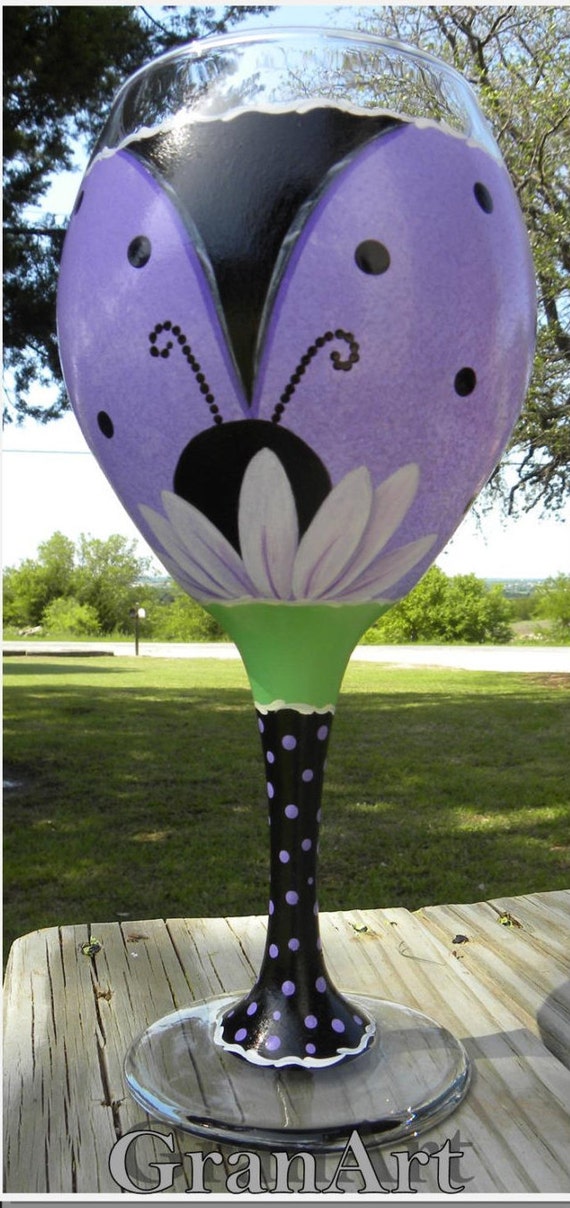 Items similar to Ladybug Wine Glass Purple, Hand Painted Wine Glasses