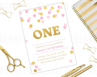 Pink and Gold 1st Birthday Invitation Girl, gold glitter first birthday invitation, Blush Pink and Gold Glitter First Birthday Invitations